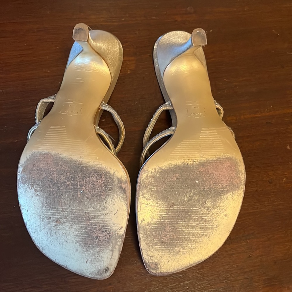 Stuart Weitzman Sequined Slide Thong Heel Gold Si… - image 2